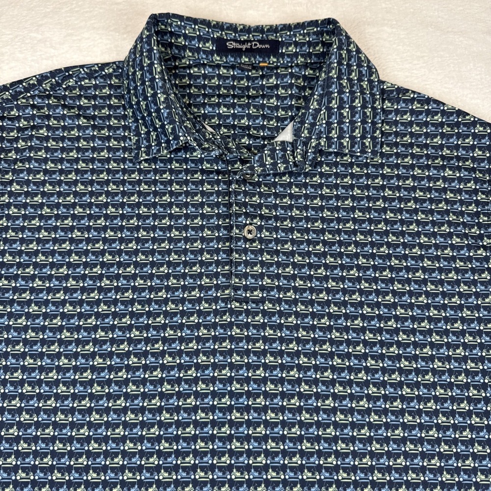 Men's Straight Down Golf Cart Print Polo Shirt Navy Blue M Used Excellent